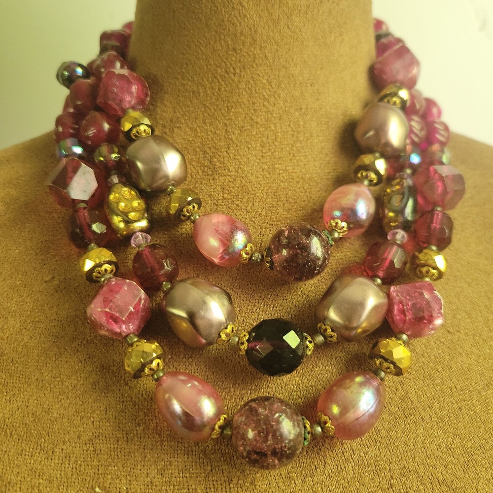 Vintage West Germany 3 Strand Beaded Necklace Pink Purple Gold Tone 16-18 Size